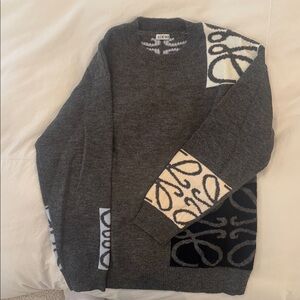 Anagram Intarsia Charcoal Sweater with Monochrome Design, Sz L